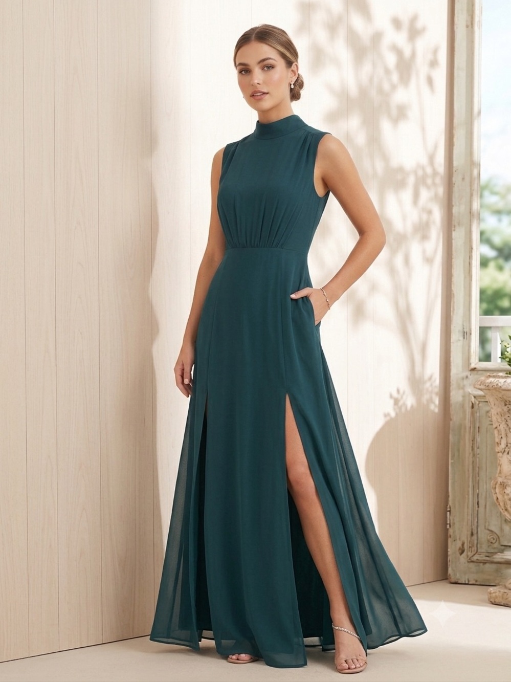 Lulu's Sleeveless Teal High-Neck Maxi Gown with Dual Slits